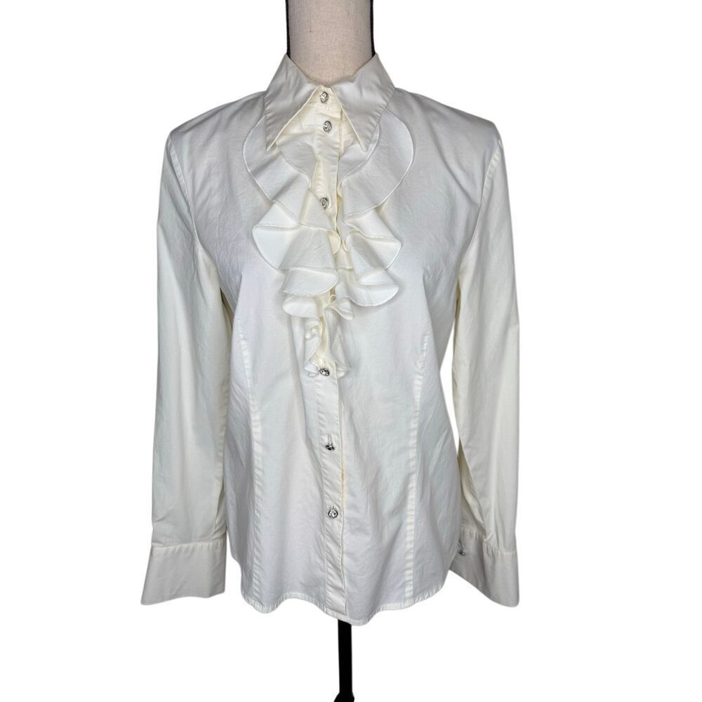 Vintage Olsen Blouse Ivory Ruffled Rhinestone Buttons Size 10 Victorian Upscale